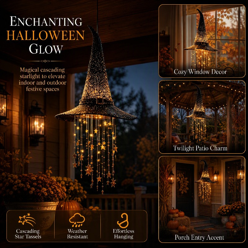Artikelbild  . hexenhut windspiel hängendes halloween ornament stern meteor quaste design innen- und außendekoration für veranda terrasse fenster garten hof halloween party festival heimdekoration