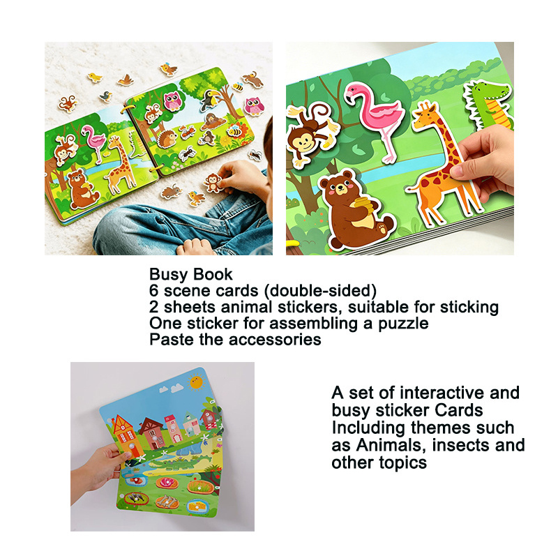 TEMU Un ensemble de livres d'autocollants et stimulants pour enfants, réutilisables, sur le thème des animaux, cartes d'activités sensorielles de
