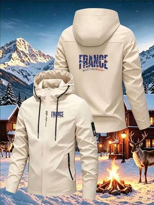 Herren winddichte Kapuzenjacke FRANCE, lockere Passform, Reißverschluss-Ski- Snowboardjacke, maschinenwaschbar, mit Taschen, Unisex Winter-Outdoor-Bekleidung, zufälliges Muster im Freizeitstil, bequeme Passform, Kapuzen-Design, strapazierfähiger Stoff, geeignet für Wandern Bergsteigen, Farbschema