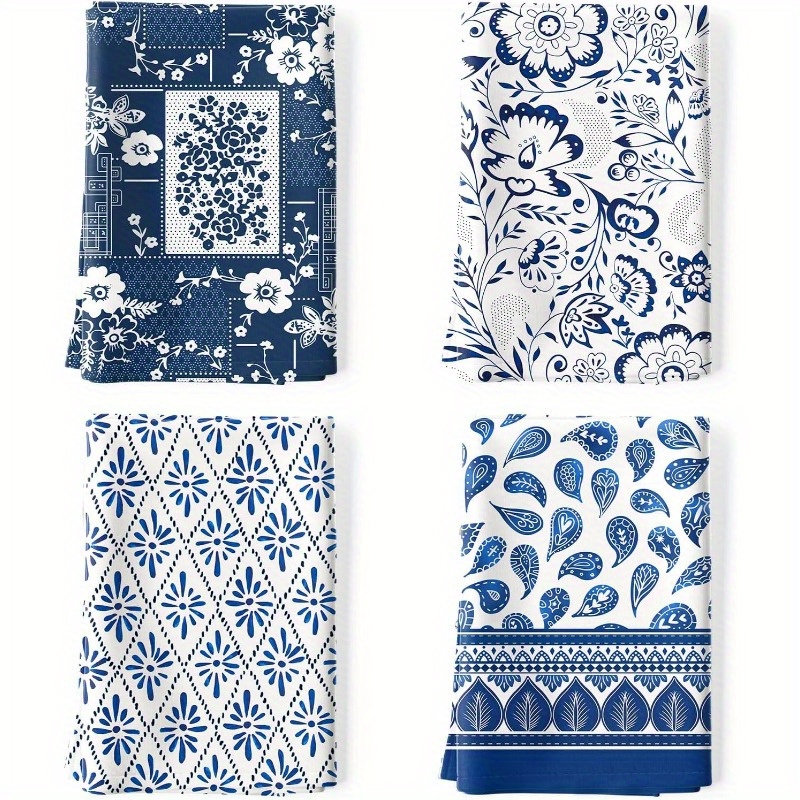 TEMU 4pcs Pattern Tea Towels, Kitchen Towel Set Quick Dry Dish Towels Dishcloths Hand Towels Bar Towels