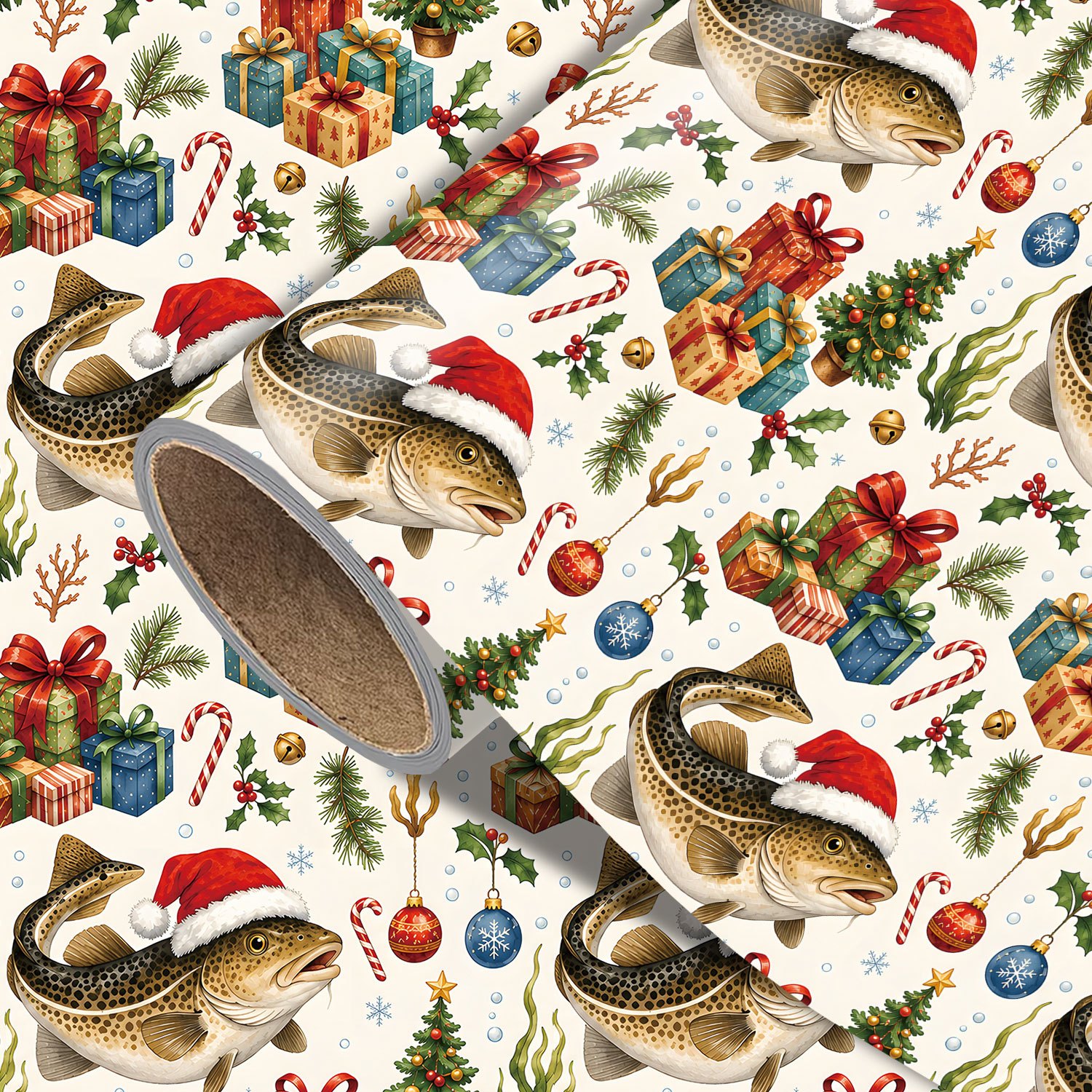 TEMU Rouleau de de Noël Truite - 17.7 X 118 pouces, Papier d'emballage vintage pour cadeaux de Noël avec chapeau de Père Noël, poisson, de Noël,
