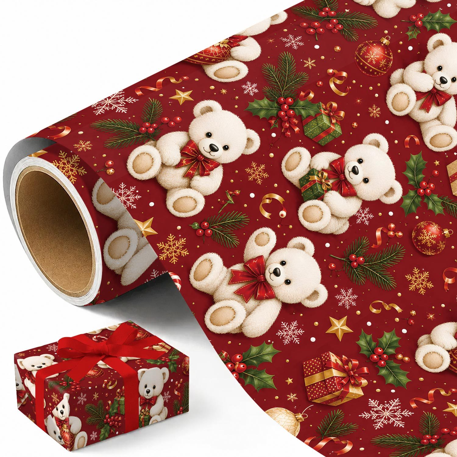 TEMU Rouleau de de Noël Ours en peluche - 17.7 X 118 pouces, Emballage cadeau de Noël avec des ours en peluche, Ornements de Noël, Feuilles de houx,