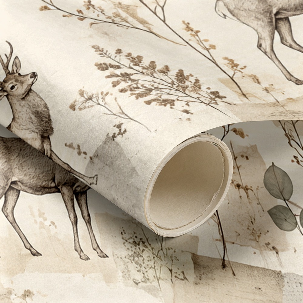 TEMU 1 Rolle 50x300cm (19,7x118,1in) Geschenkpapier/Blumenstrauß-Verpackungspapier Vintage-beiges Hirsch-Wald-Botanik-Collagemuster Geschenkfolie für