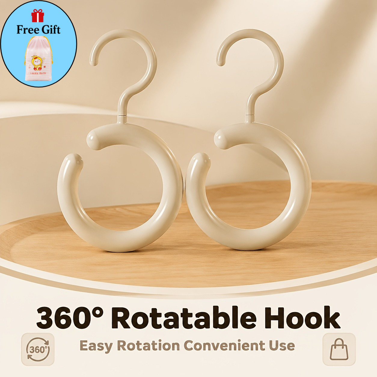 TEMU 3pcs Set (2pcs Multi-functional 360° Rotatable Hooks And 1pc Free Gift Small Yellow Duck Storage Bag) Dopamine Type C Open No-drill Wall Hanger,