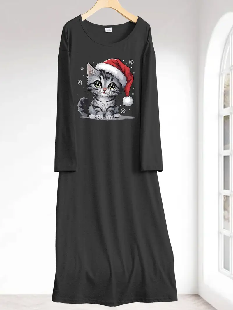 christmas cat dress plus size Plus Size Cat Pattern Christmas Dress