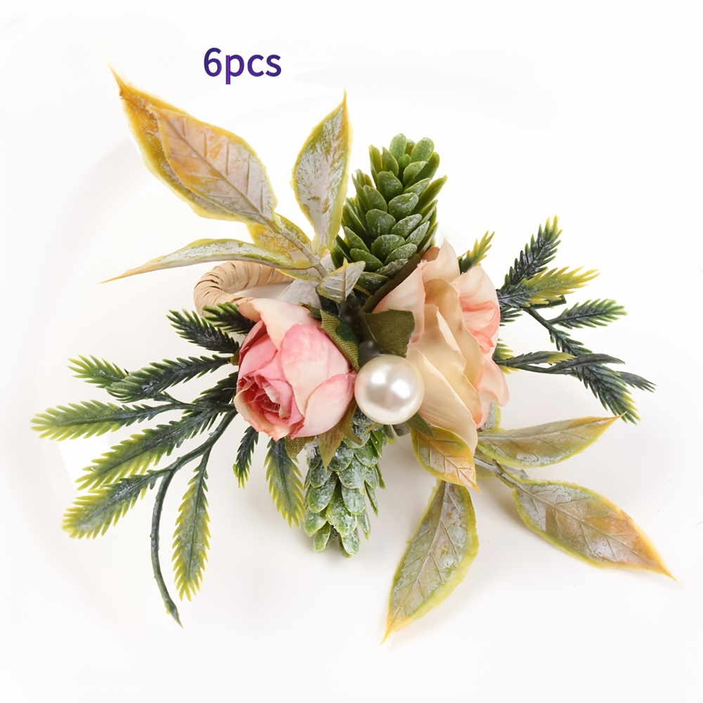 TEMU 6pcs Handmade Artificial Flower Napkin Ring Set, Creative Floral Napkin For Valentine's Day Wedding Party Table Decoration