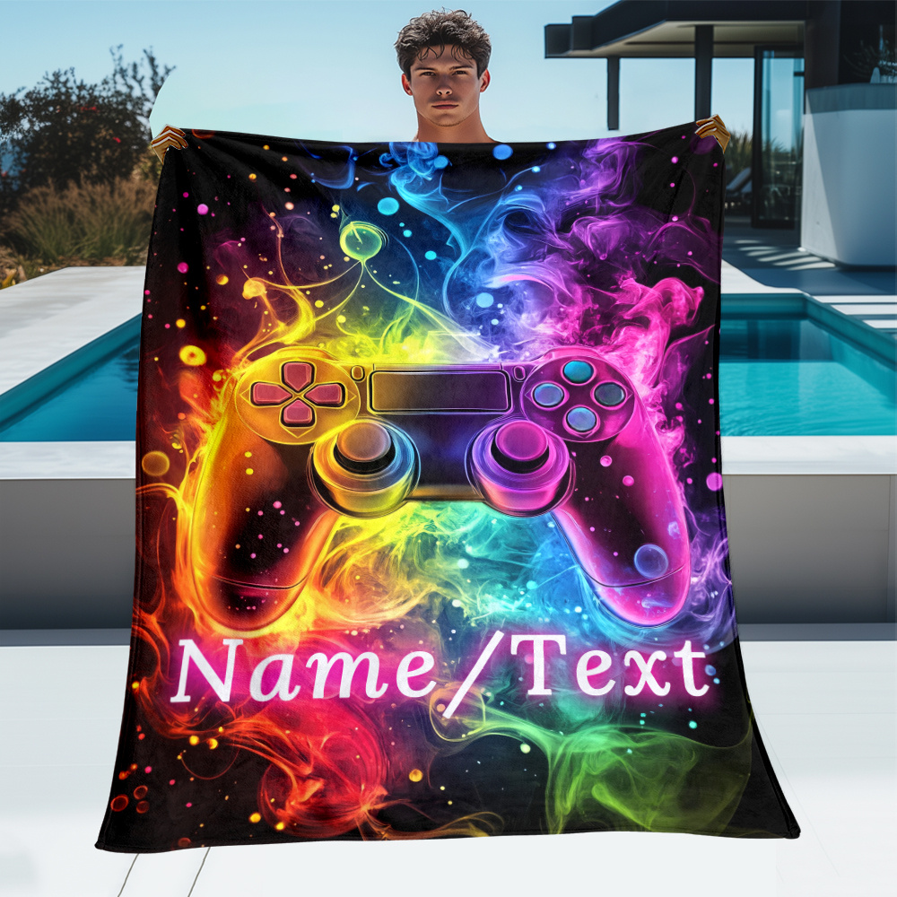 

1pc Customizable Gaming Controller Design Flannel Throw Blanket - Personalized Name/text, Anti-tear, Knitted Polyester Fabric, Embroidered Gamer Decor For Sofa, Bed, Travel, Camping - Machine Washable