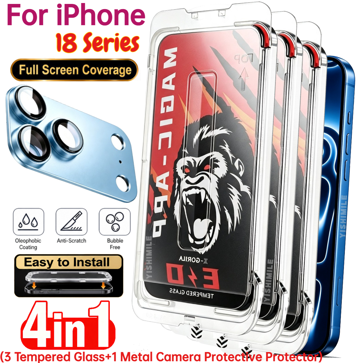 TEMU 4-in-1 3pcs Full Coverage Hd Tempered Glass Screen Protector + 1pc Metal Camera Lens Protector For Iphone 18 Pro / 18 Pro Max, Bubble-free,
