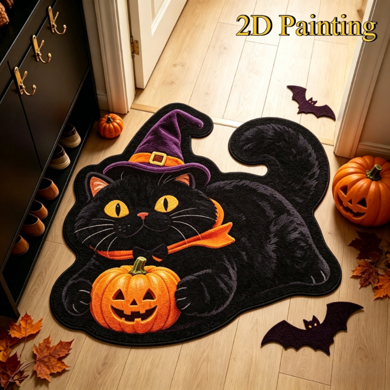TEMU Velvet 900g+9mm 2d Painting Rug Dark Halloween Carpet Irregular Wizard Black Cat Hugging Pumpkin Pattern Bedside Carpet Cute Fun Cartoon Style