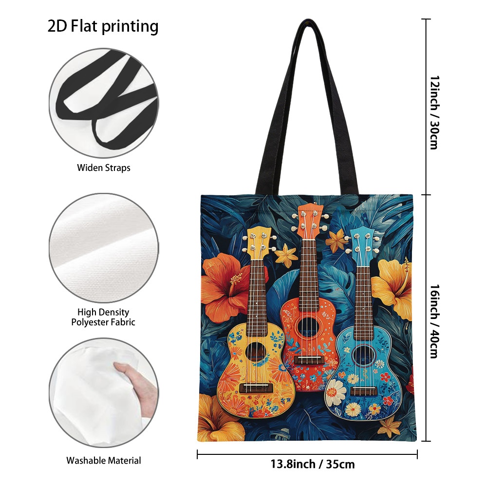 TEMU 1pc Large Capacity Colorful Ukulele Tote Bag Suitable For Travel, Market & - Polyester Shoulder Bag With Hot Transfer Print Floral Ukulele,