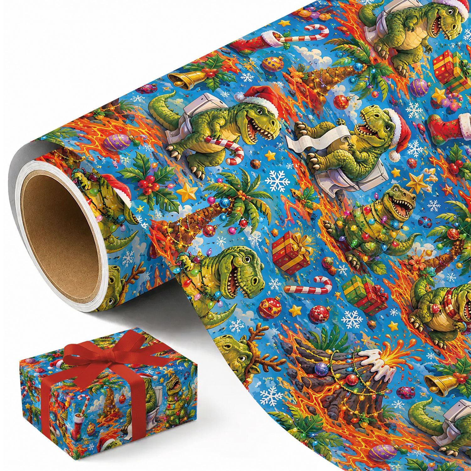 TEMU 1 Rouleau de de Noël Dinosaures, Papier d'Emballage de Fêtes Coloré et Ludique avec Dinosaures Chapeau de Père Noël, Volcans, Palmiers, Lumières