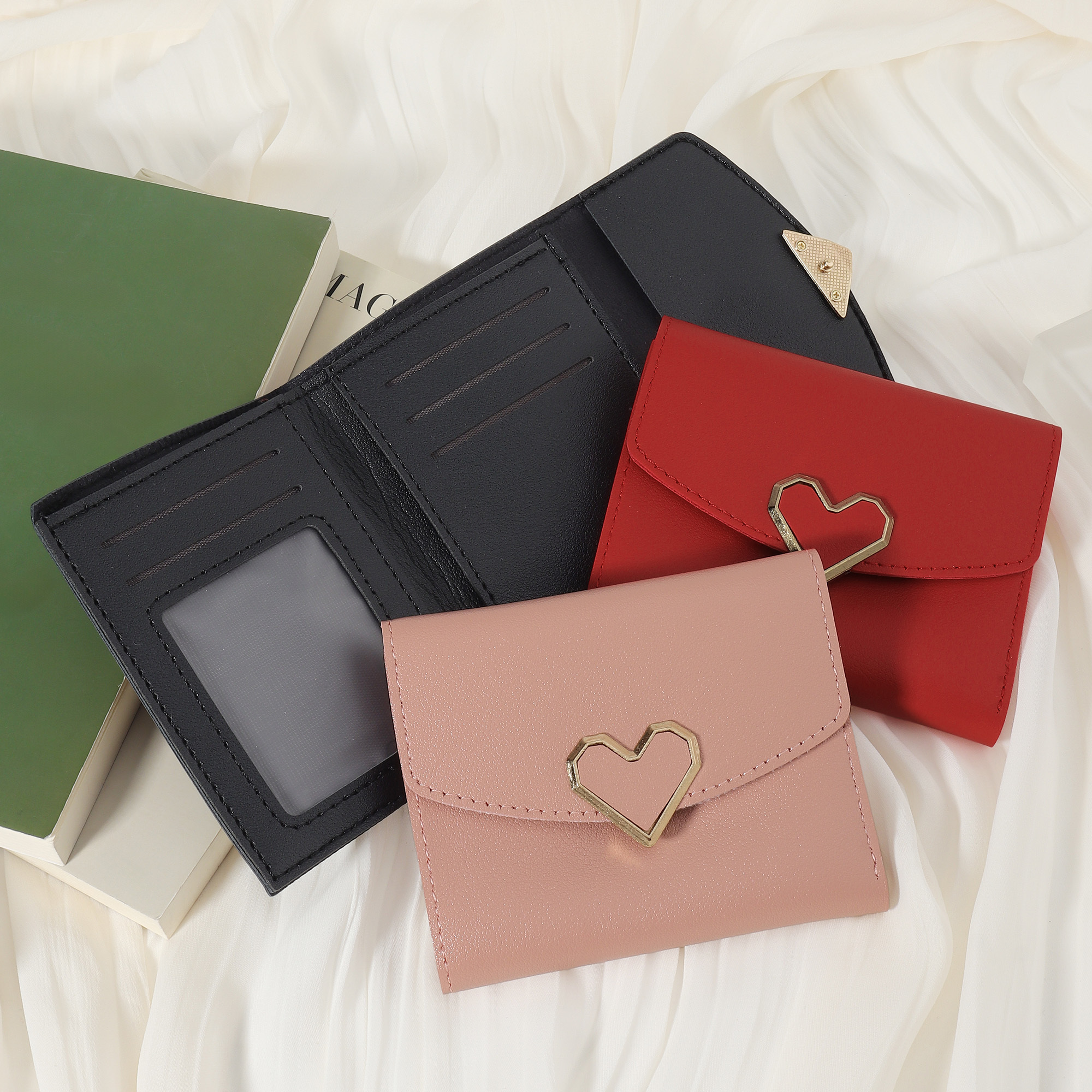 Women's Fashion Snap Closure Wallet Compact Foldable Credit Card Holder  with Metal Heart Clasp, Multiple Slots for Cards Cash in Pink/Red/Black