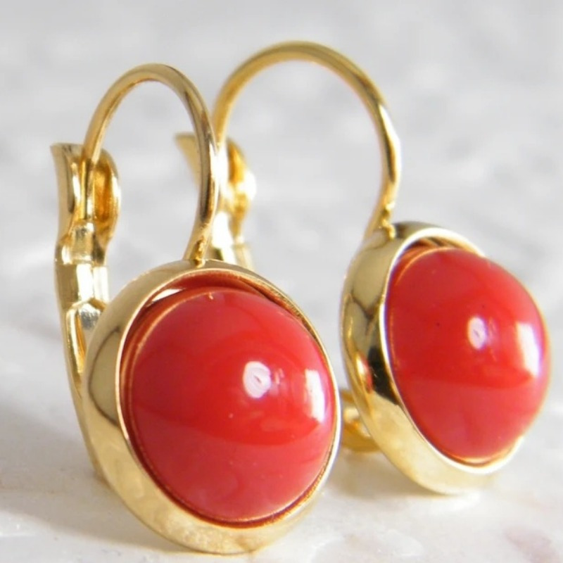 Image of Vintage Round Copper Material Inlaid With Red Synthetic Turquoise Earrings, Women's Bohemian Style Hoop Earrings