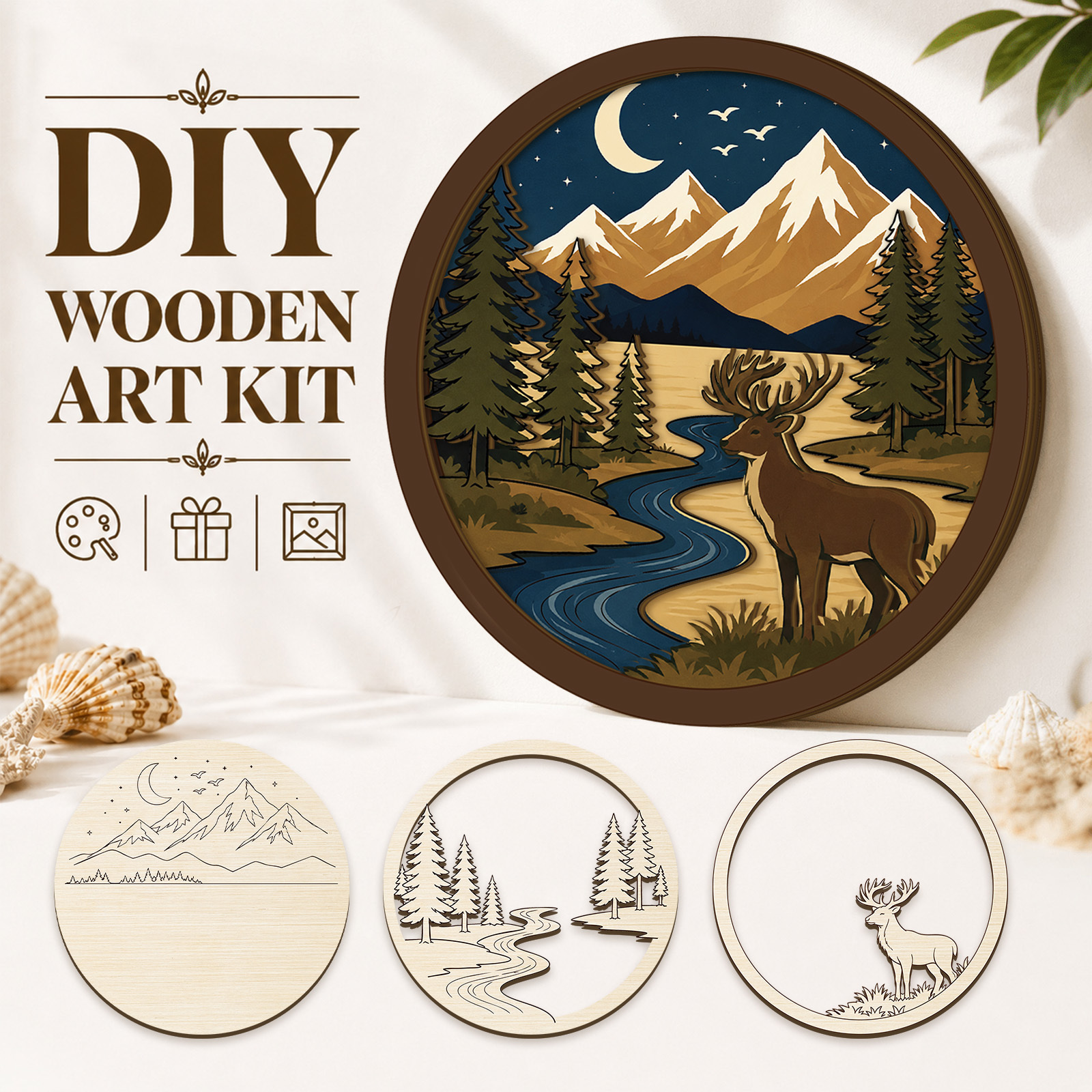 TEMU Plat 2D, 1 lot de décoration de bureau plate 2D imprimée en bois multicouche, ensemble en bois paysage de pic de montagne avec , décoration
