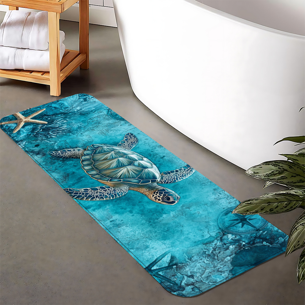 TEMU Bath Rug Sets 1pc Blue Ocean Sea Turtle Starfish, Multicolor Background Bathroom Mat, Indoor Entrance Carpet, Bedroom Bedside Rug, Kitchen Mat,