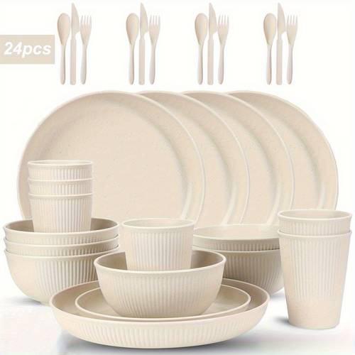 24pcs beq shatterproof pp dinnerware set unbreakable plates bowls cups suitable for camping rv dorms picnics microwave dishwasher safe stackable tableware lightweight reusable plates bowls cups for parties outdoor dining