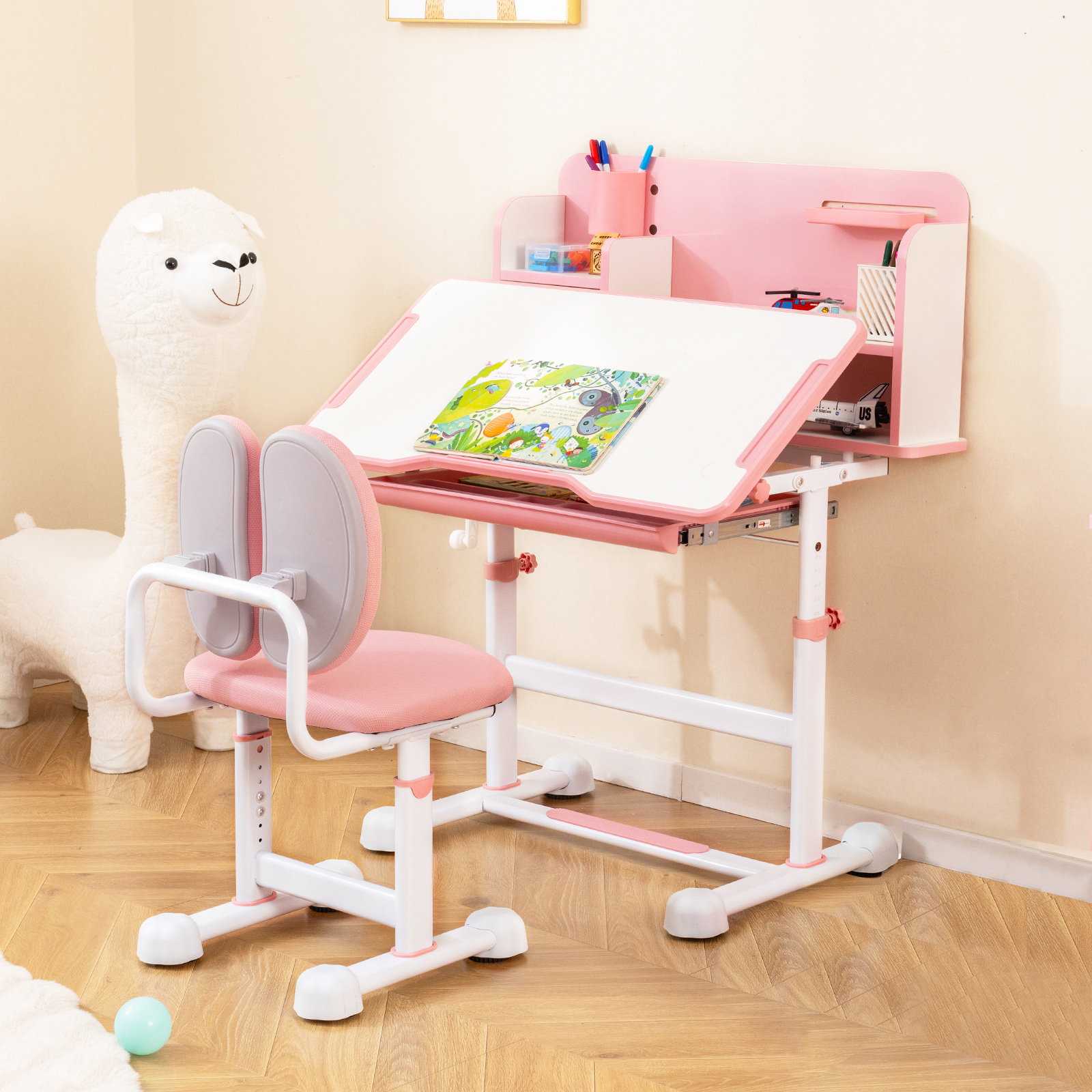 kids study desk chair set height adjustable student writing table with chair   tabletop storage hutch drawer pen holder reading rack ergonomic workstation for reading painting mixed color metal assembled   brand