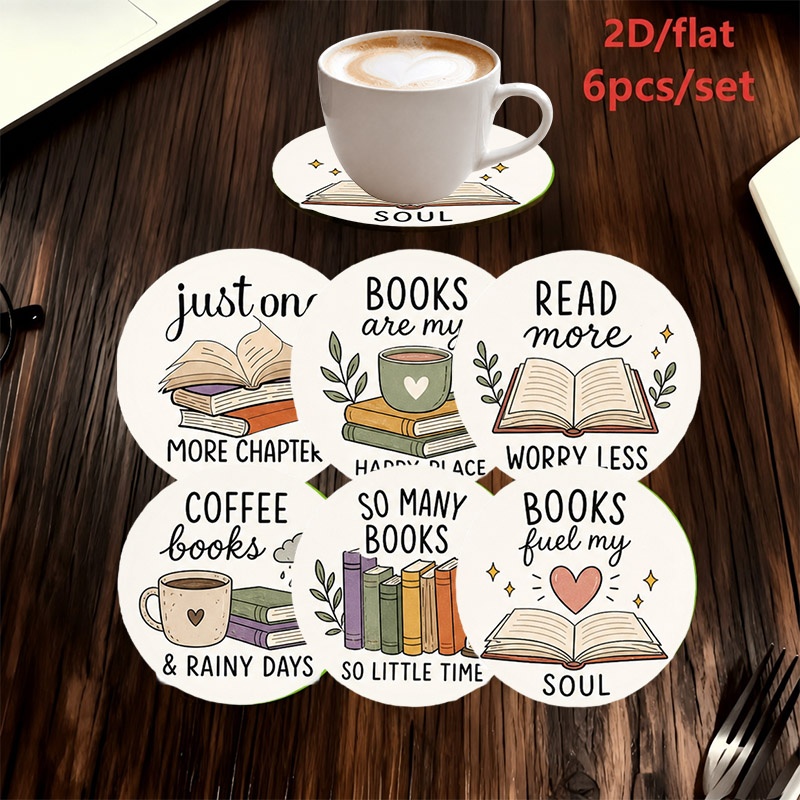 TEMU 2d Literary Warm "read 1 More" Book Pattern Wooden Coasters, 6pcs Set, Suitable For Home And Office Decoration, Ideal Housewarming Gift For
