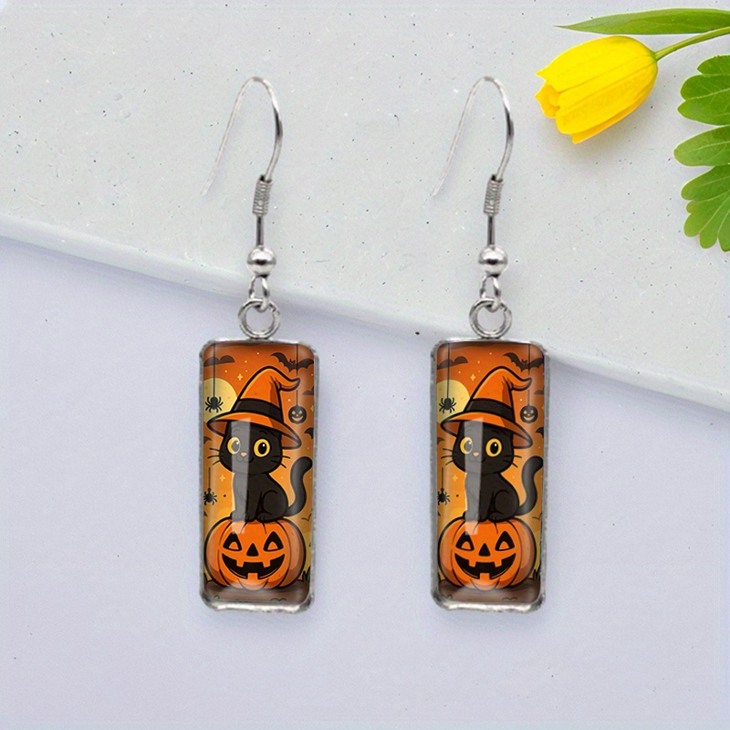 TEMU A Stylish Accessory Featuring A Black Cat On A Pumpkin, Designed As A Rectangular Glass And Stainless Steel Hook Earring, Perfect For Birthday,