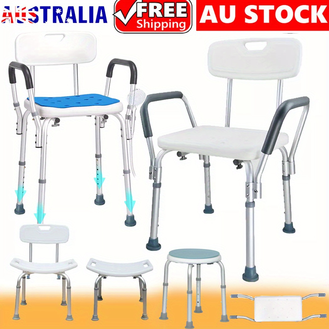 Adjustable Height Medical Shower Chair with Anti-Slip Design, Removable Armrest & Backrest – Durable Aluminum Frame, 6-Level Height Settings, White Seat & Black Armrest, Portable & Sturdy for Bathroom Safety