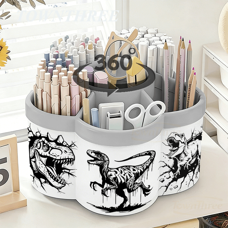 TEMU Rotating Pen Holder And Cosmetic Organizer | Doodle Dinosaur Black Creative Sticker - 360Â° Rotating Convenient Desktop Storage Box | Large