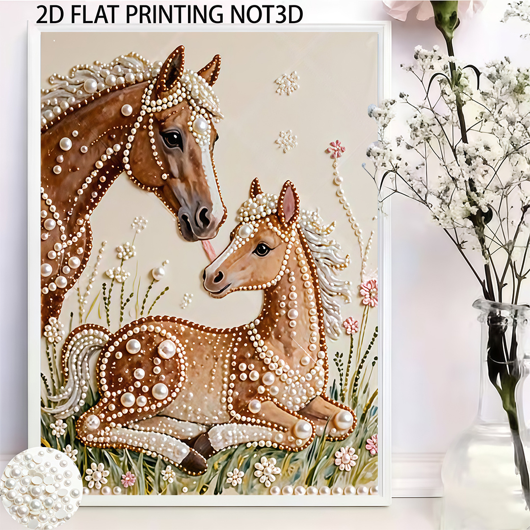 Painting, Mother And Son Horse Pearl Inlaid | 5d Pearl Painting Kit Suitable For Home Wall Decoration Art, Ideal For Holiday Gifts, Helping Stress And Convey Warm , Perfect Handmade Gift | Frameless