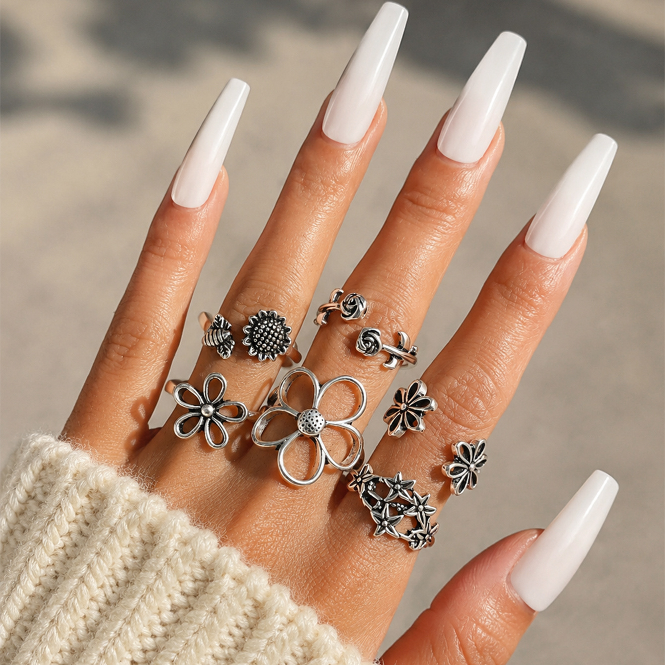 TEMU Juego de 6 anillos abiertos apilables de estilo bohemio diseño plateado de flores y estrellas, anillos de moda, elegantes y lujosos, adecuados