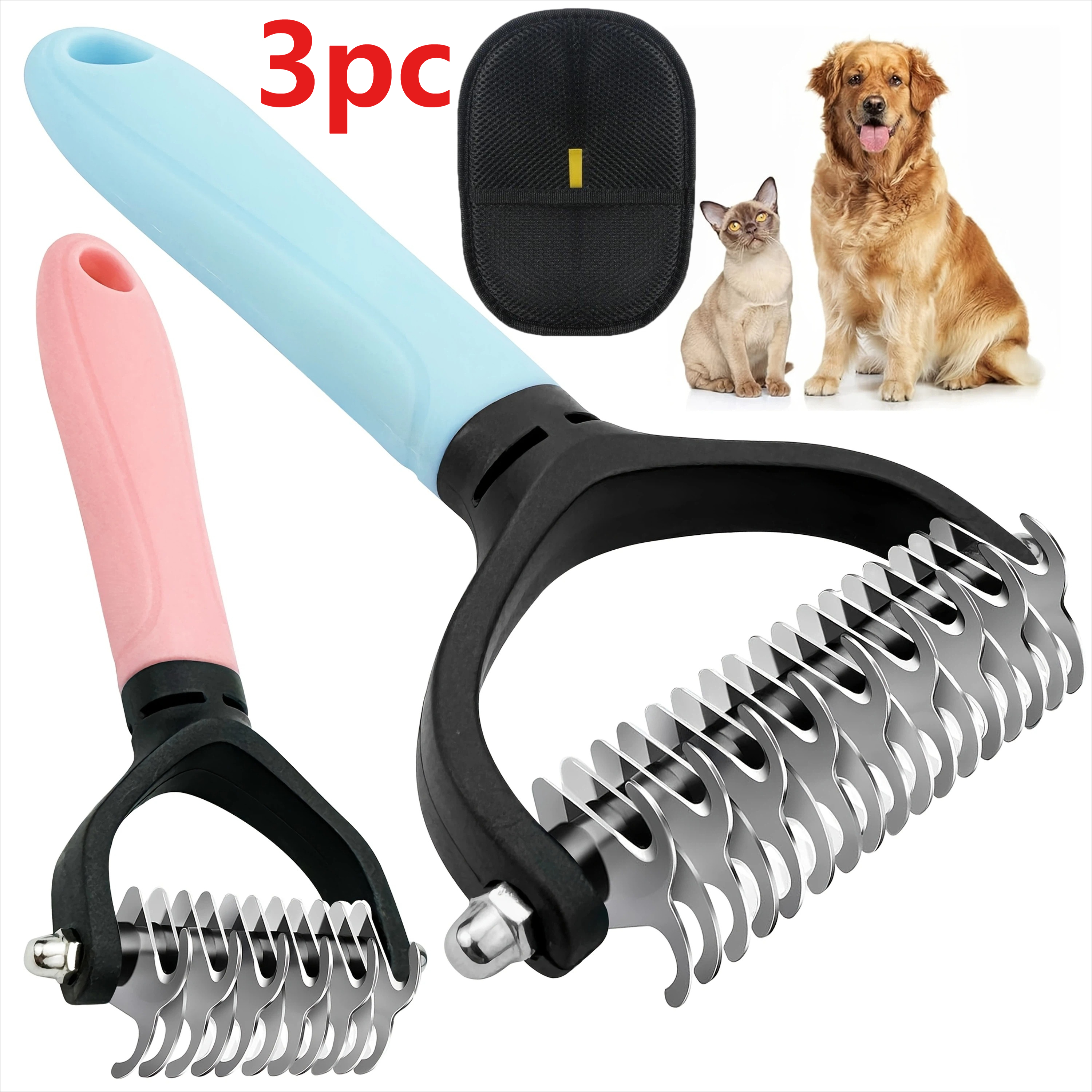 TEMU Set Of 3 Colorful Stainless Steel Pet Grooming Combs And Pet Hair Removal Gloves, Double-sided Rake, Grooming Tool For Cats And Dogs, Shedding
