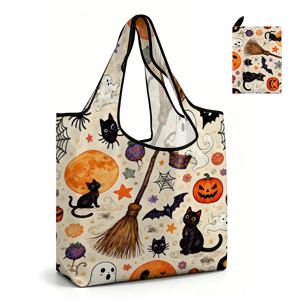 TEMU 2d Reusable Shopping Bag With Halloween Element Patterns Including Black Cat, Broom,, Pumpkin, Moon, Etc. Lightweight, Durable, Washable,
