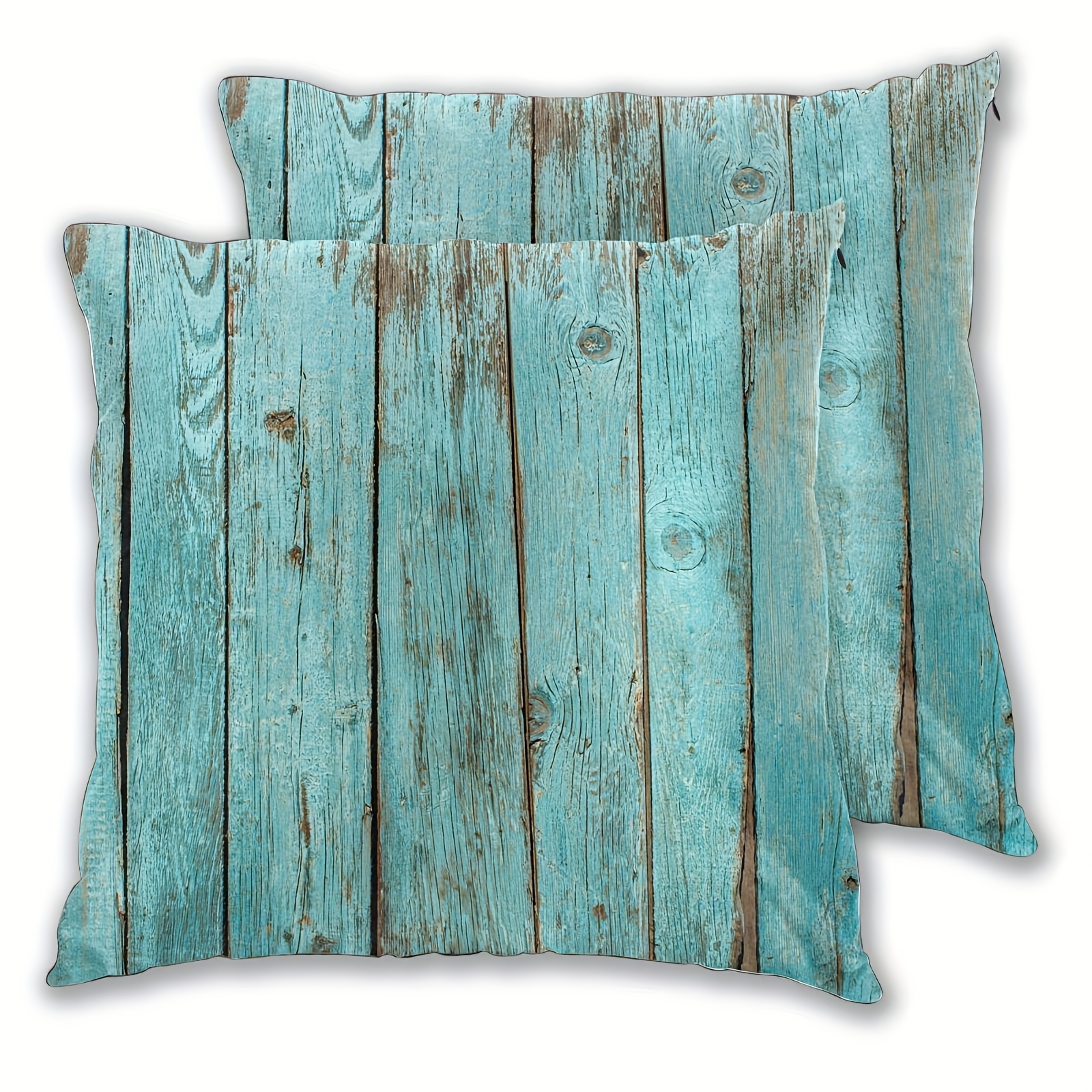 TEMU 2pcs Rustic Teal Wood Plank Print Pillow Shams, 18x18 Inches, Farmhouse Style Zippered Decorative Pillow Covers, Soft And Smooth Polyester Short