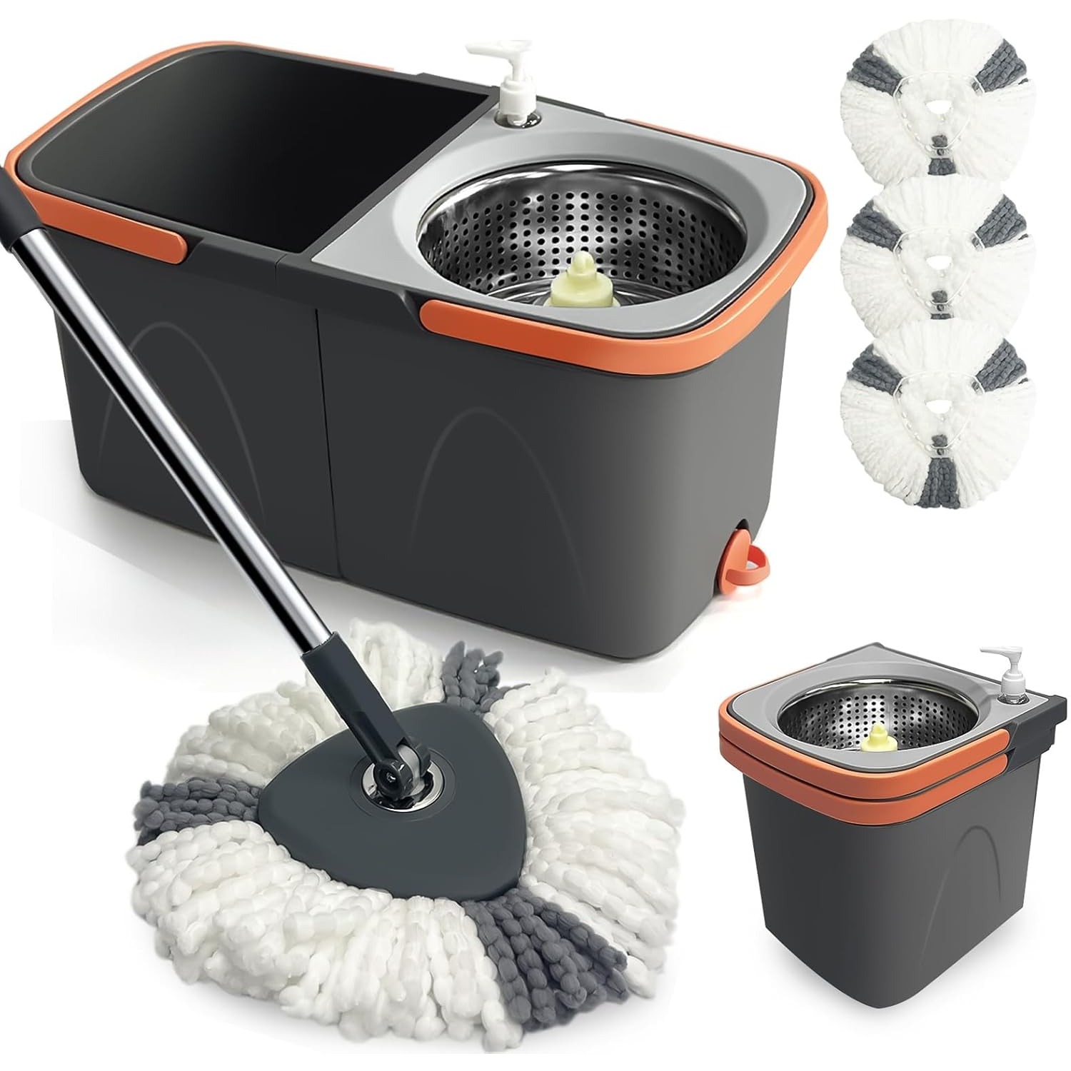 Image of 2-in-1 Floor Mopping System With Wringer Bucket | Mop Head, Stainless Steel Telescopic Handle & 3 Washable Microfibre Pads | Complete Set For Laminate, & Tiles