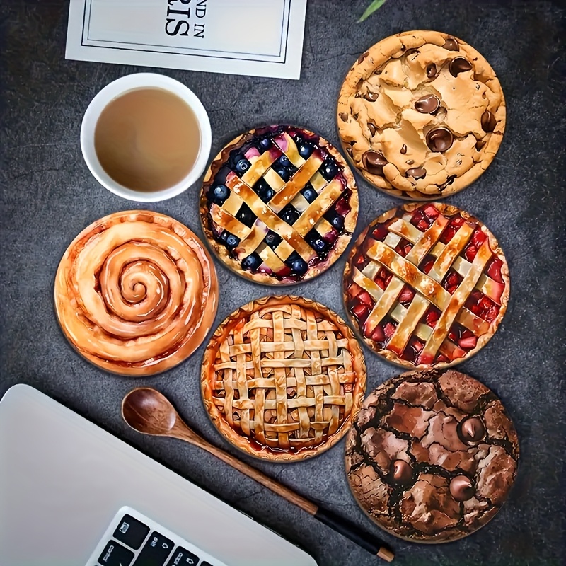 TEMU 2d Flat Design, 6pcs Set Of Wooden Cookie-style Coasters- Heat-resistant, Non-slip, And High-temperature Resistant, Suitable For Home, Office,
