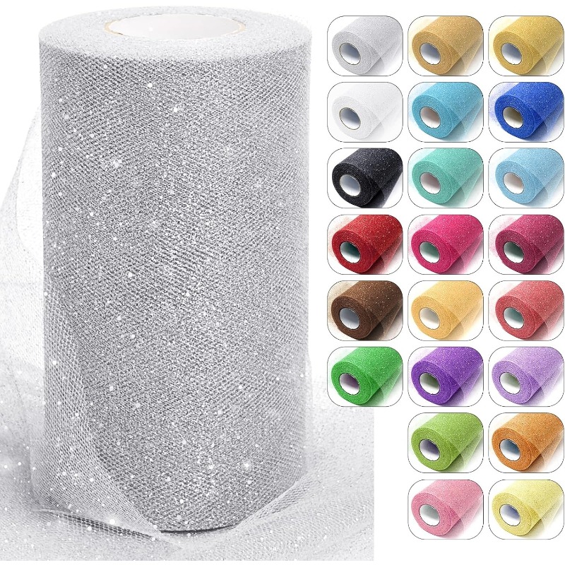 Image of Inbornluck Glitter Tulle Fabric Rolls, 6 Inch X 10.94/27.34/54.68 Yards Sparkling Spool Ribbon Netting For Tutu Skirt Wedding Decoration Shower Birthday Party Backdrop Gift Wrapping Bow Craft Supplies