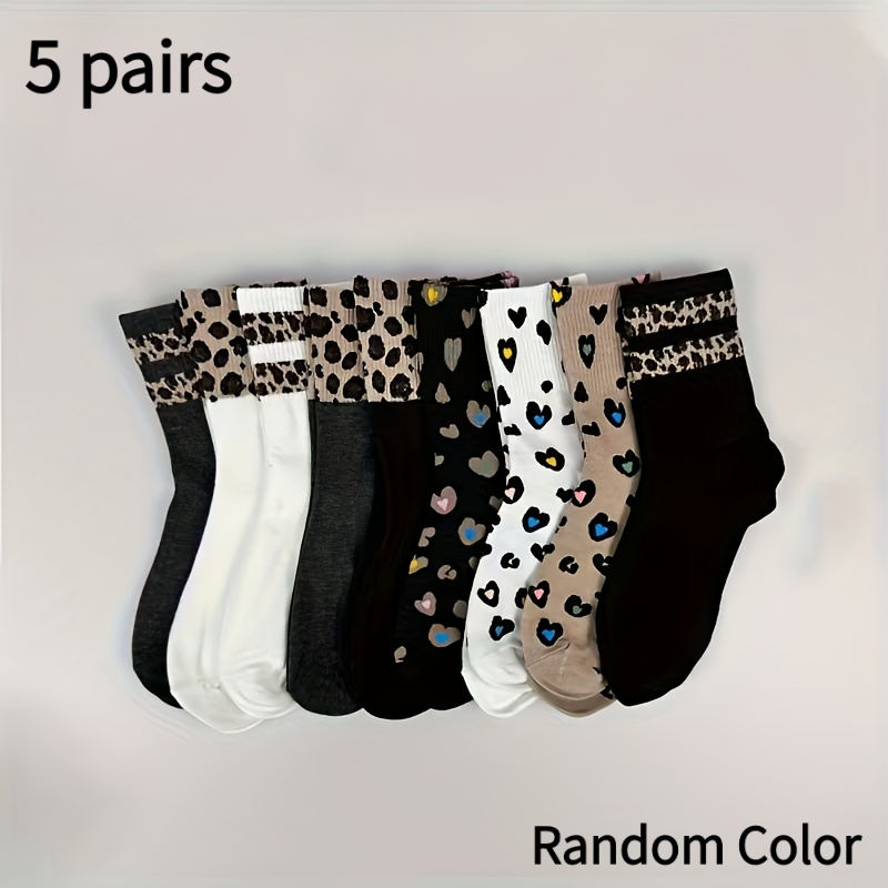 TEMU Lot de 5 paires de chaussettes , motif léopard, à et cœur, couleurs aléatoires