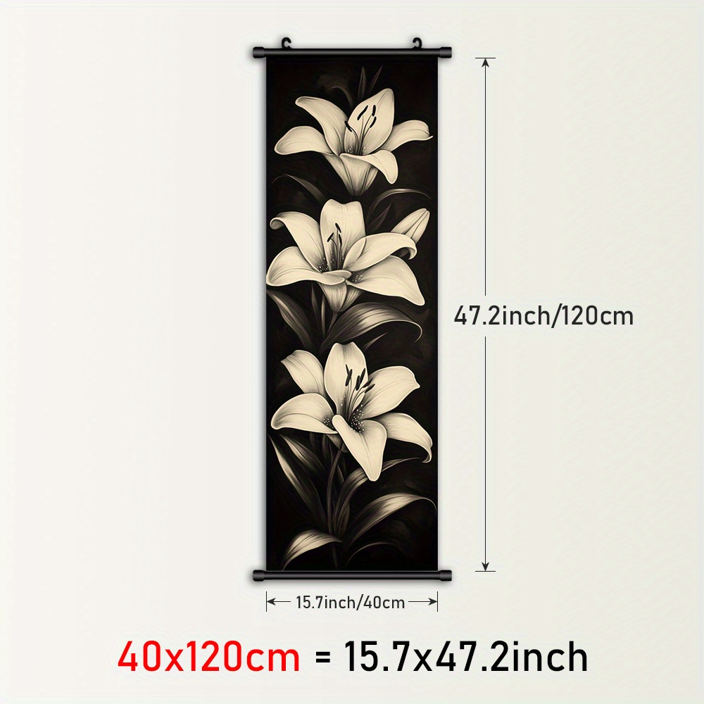 TEMU 1pc Elegant Lilies Canvas Wall Art - Monochrome Japanese-style Flower Painting With Black & Design, Plastic Frame With Hanger For Indoor/outdoor