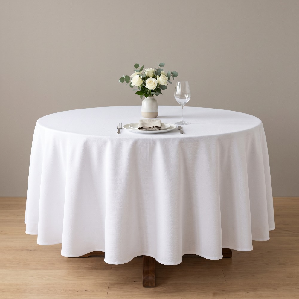 TEMU Nappe Ronde Blanche, Housses de Table. 228,8 centimètres de diamètre, en tissu polyester , lavable. Nappe ou Couvre-table. Convient pour les