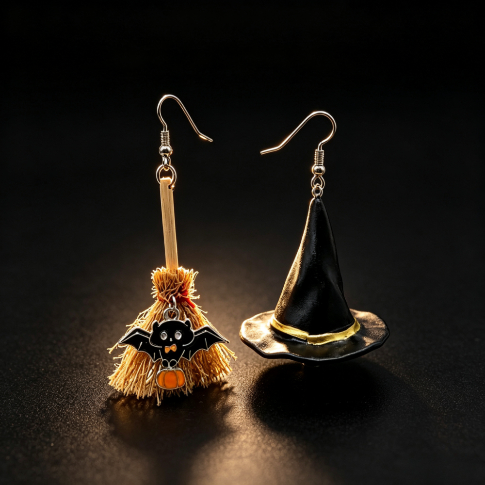 TEMU Halloween Witch Hat Broomstick Pendant Asymmetrical Bat Pumpkin Pendant Earrings Cute Halloween Costume Jewelry Holiday Party Accessories 925