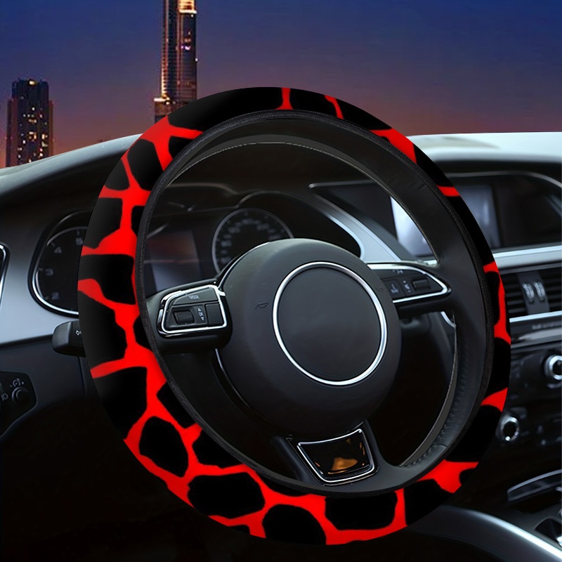 TEMU Steering Wheel Cover For Cars, Measuring 38x38cm, Made Of Polyester Fabric, Featuring A Red Background With Black Irregular Patterns, Offering A