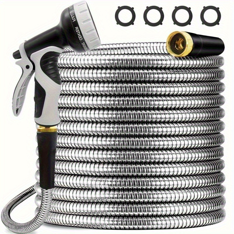 TEMU 50ft/ 100ft Heavy-duty Stainless Steel Garden Hose Ultra-flexible, Puncture-resistant Anti-rust With 10-in-1 Nozzles Kink-free 3/ 4" Pvc Inner