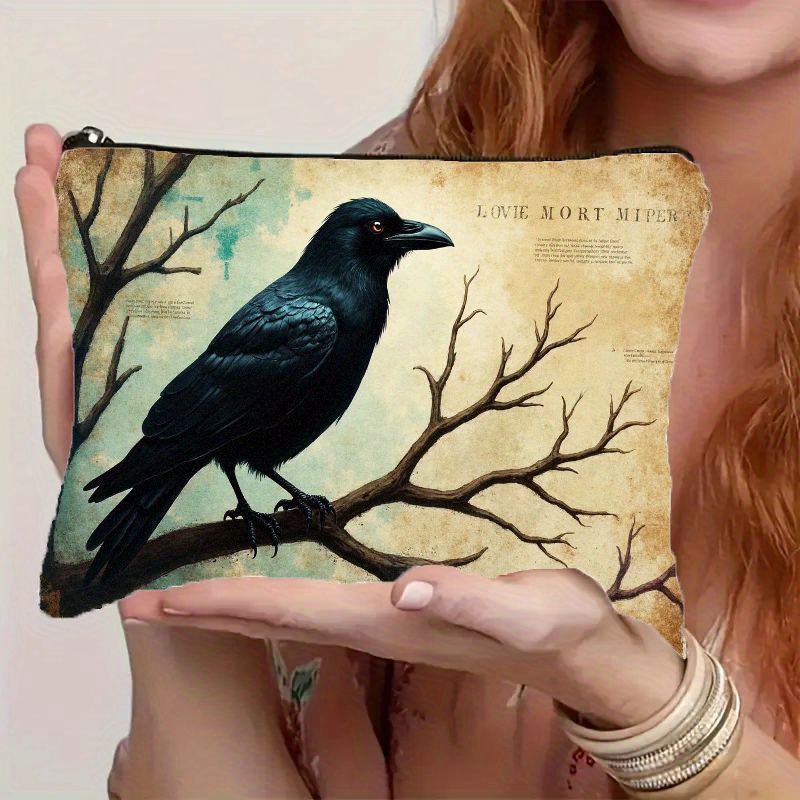 TEMU Pochette zippée avec imprimé gothique - Un design de style vintage avec un réaliste perché sur un branch, idéal pour organiser ou les