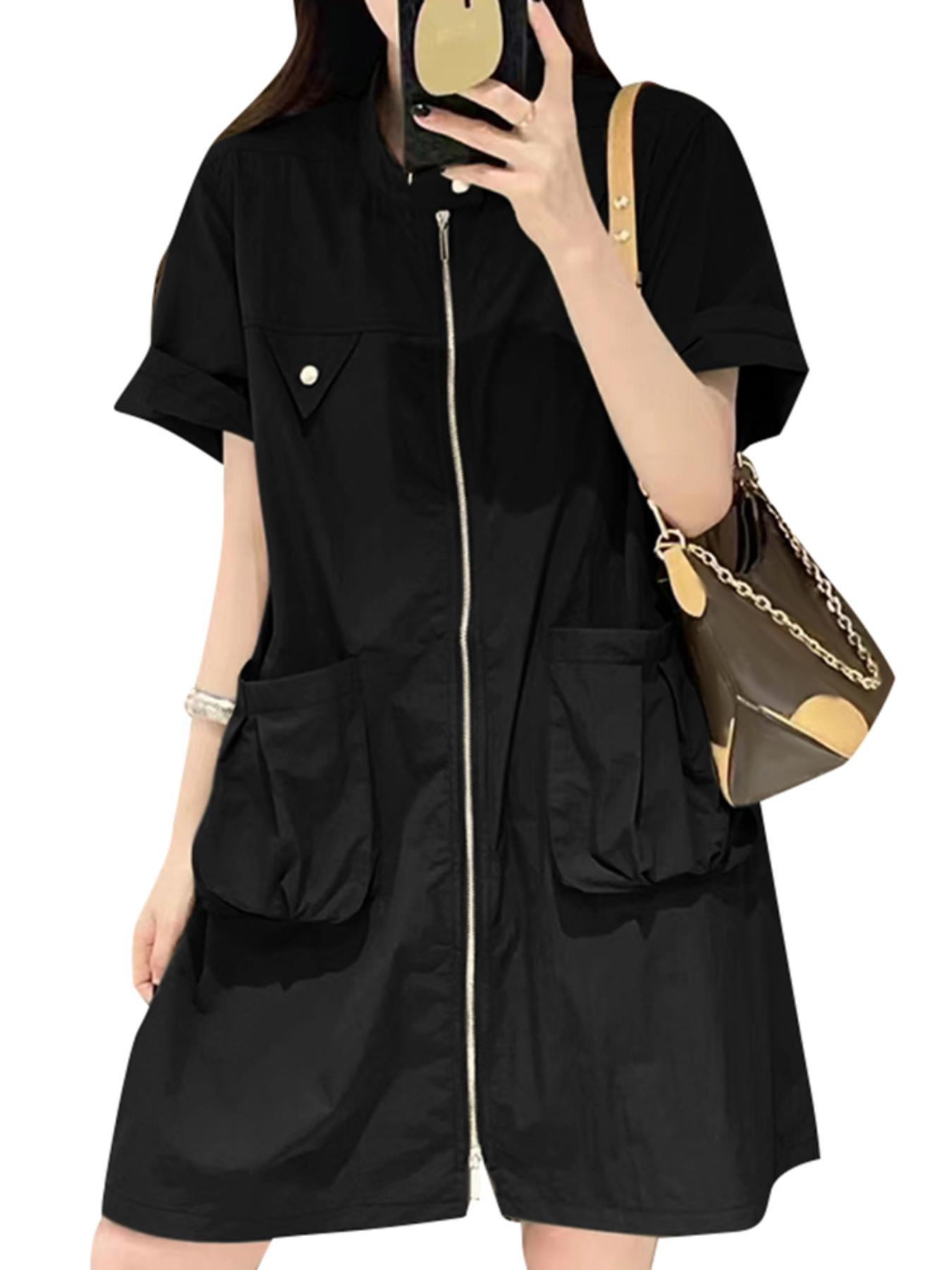 womens short sleeve shirt dress stand collar zipper - Temu Bahrain