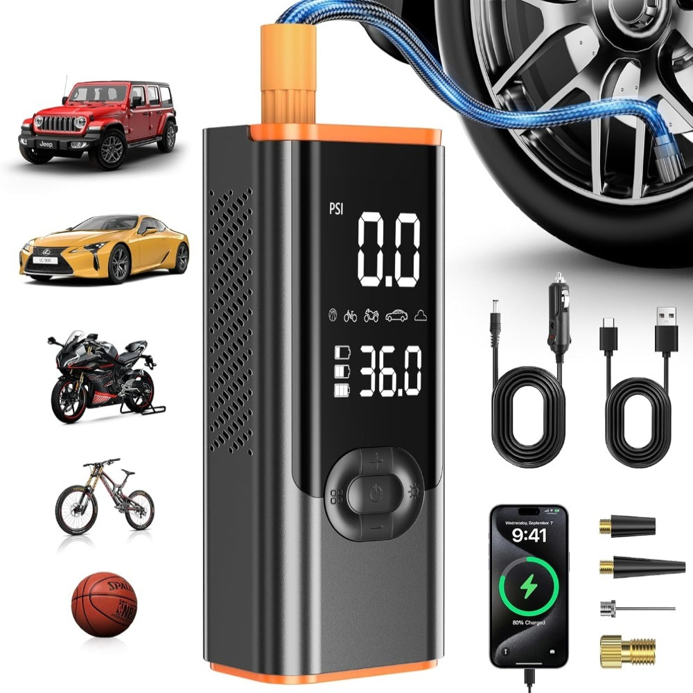 TEMU 180psi Electric Air Pump, Portable 12v Tire Inflator, Electric Bicycle Pump With Digital Display And Led Light With 4 Different Nozzles For Car/
