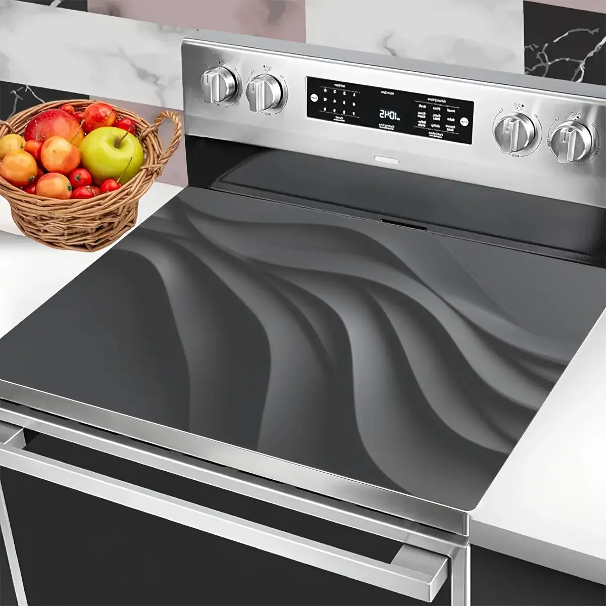TEMU 1pc Stove Cover Protector Mat In 2d Printing - Resistant To Heat And Scratches, Features A Black Wavy Design, Easy To Clean And Durable Surface,