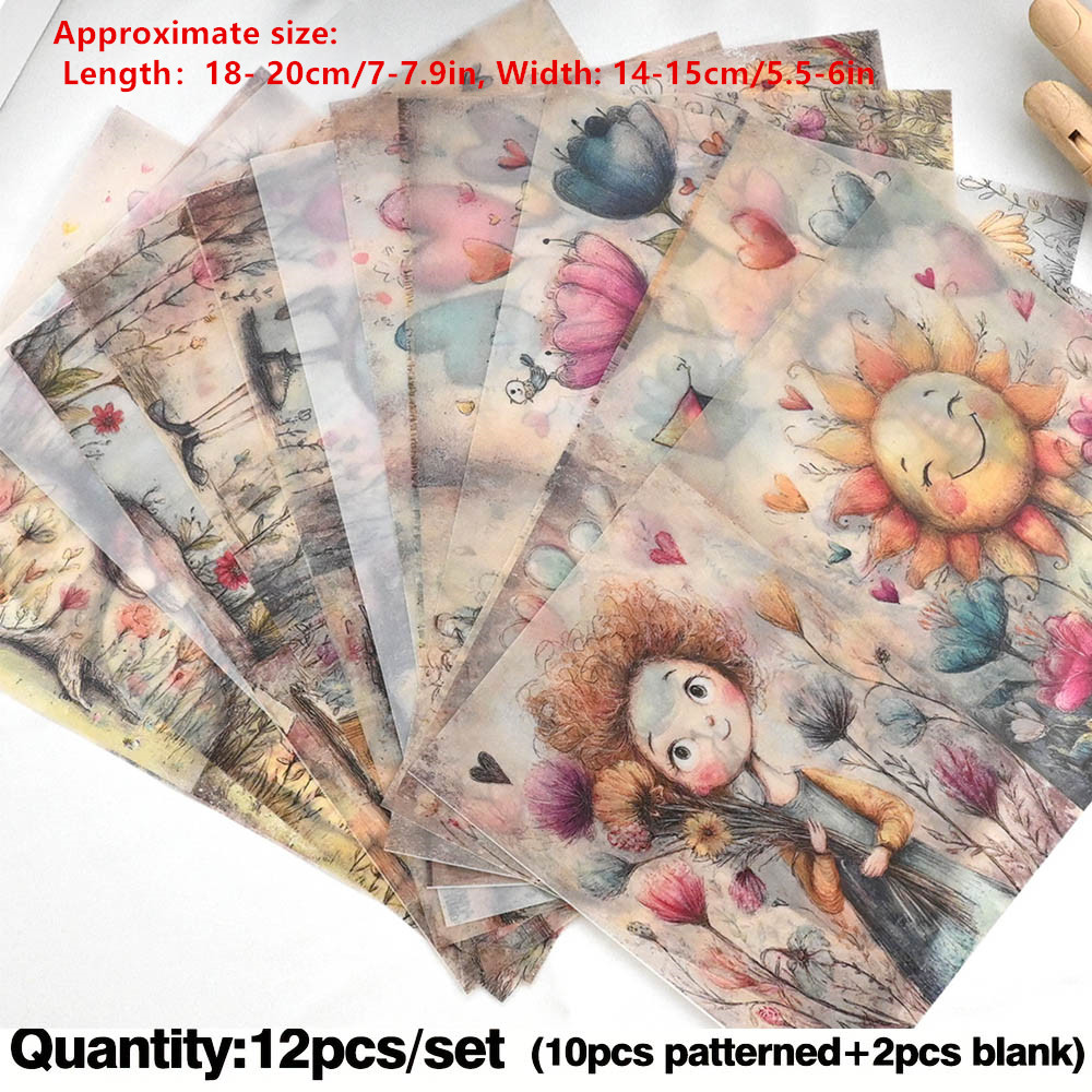 E-shop 12 Stück Halbtransparentes Premium Sulfatpapier Material Papier Dekopapier Süße Verspielte Mädchen Blumen Ballons Etc. Serie Bastelpapier