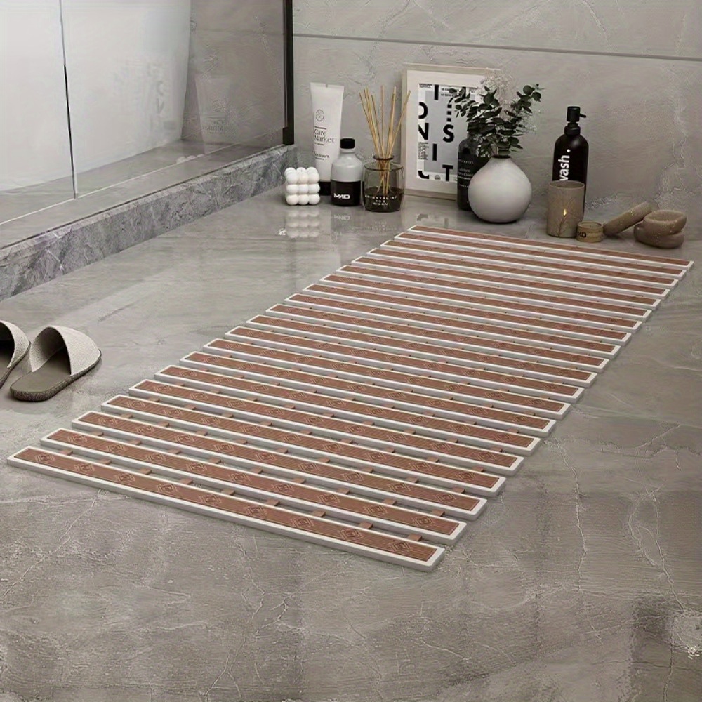 bathroom tpe bamboo board bath mat non slip shower mat with striped design 1cm thick rubber backing 4400gsm durable bathroom floor mat for safety   bathroom mat safety shower mat modern bathroom decor nonslip backing Product details 3