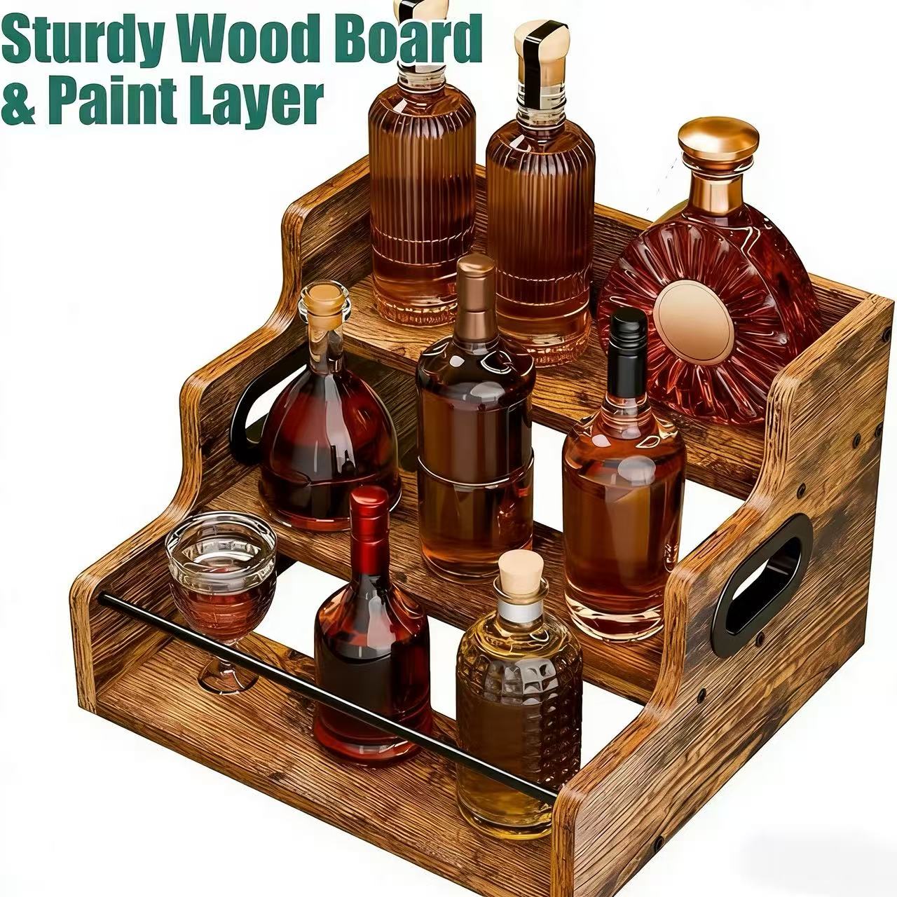 Solid Wood Liquor Bottle Display Shelf, Coffee Syrup Rack Organizer, 3 Step Countertop Liquor Wine Rack, Bar, Liquor Cabinet, Home Bar Shelf Stand for Liquor Whiskey, Spirits, Spice Rack