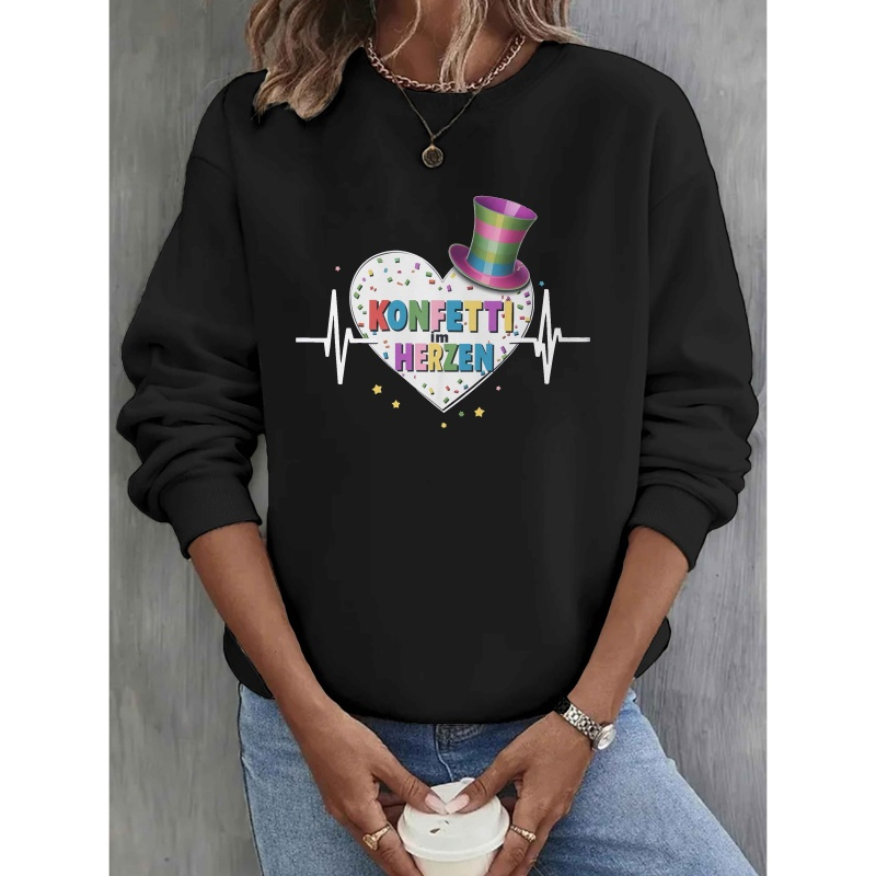 

[ ] Women's "confetti In " Graphic Sweatshirt - Black Crew Neck With Print, Casual Polyester Pullover For Fall & Spring, Machine Washable, Spring Pullover| | Fabric