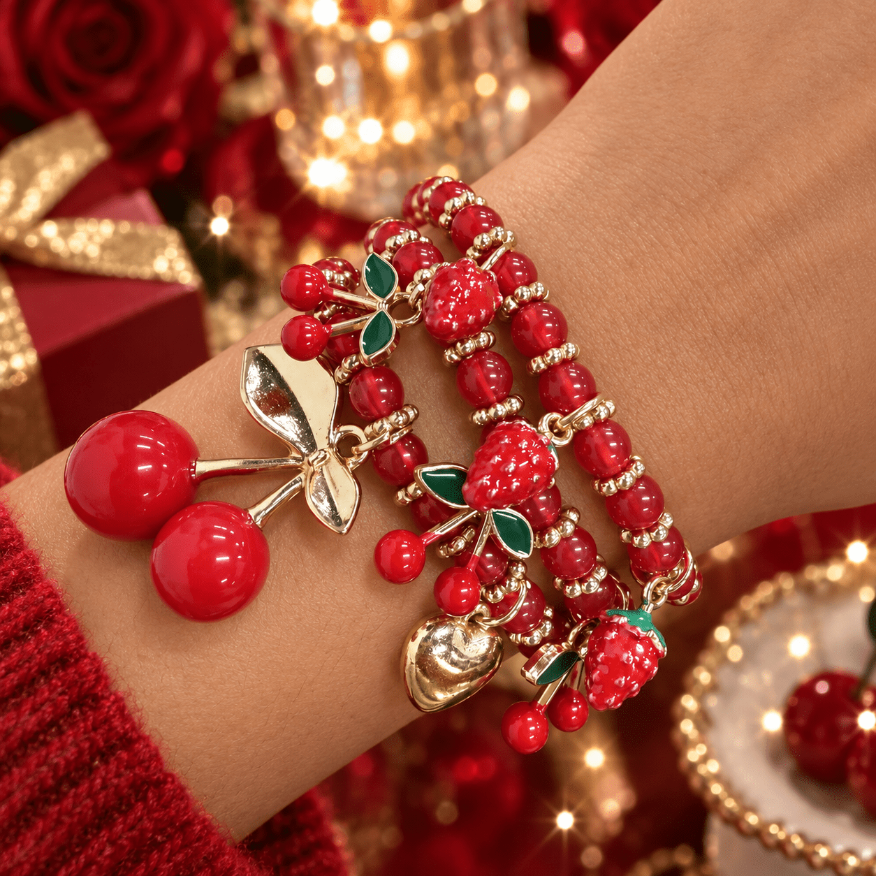 TEMU 3pcs Tuurin Women' Cherry & Strawberry Charm Bracelets - Suitable For Weddings, Parties, Daily Wear, Retro Bohemian Beaded Jewelry With