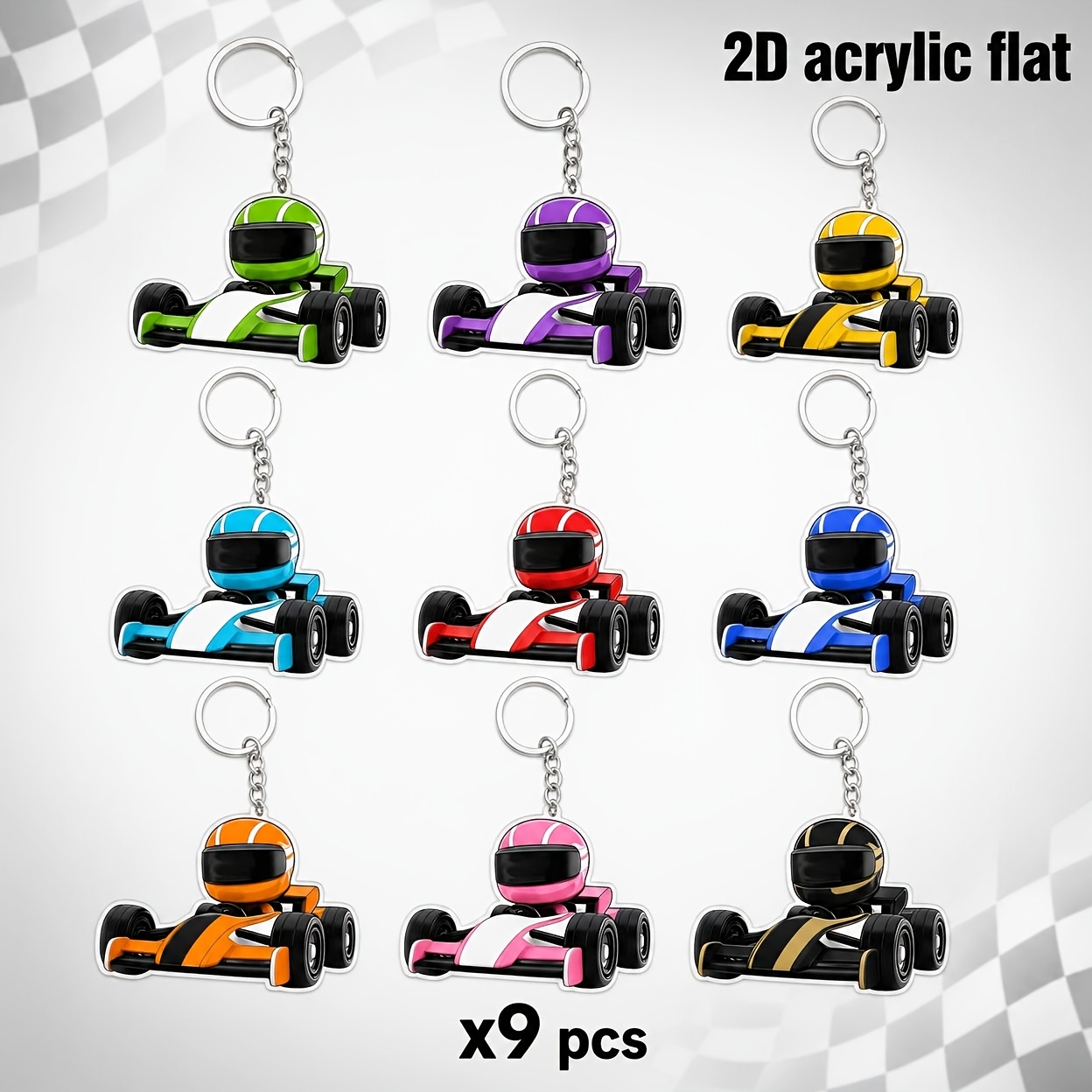 TEMU 2D Plat - [2D PLAT] 9pcs Multicolore Mini Go-Kart de Course e Acrilique Porte-Clés Anneaux de Clés, Breloques de Sac Décoration de Voiture