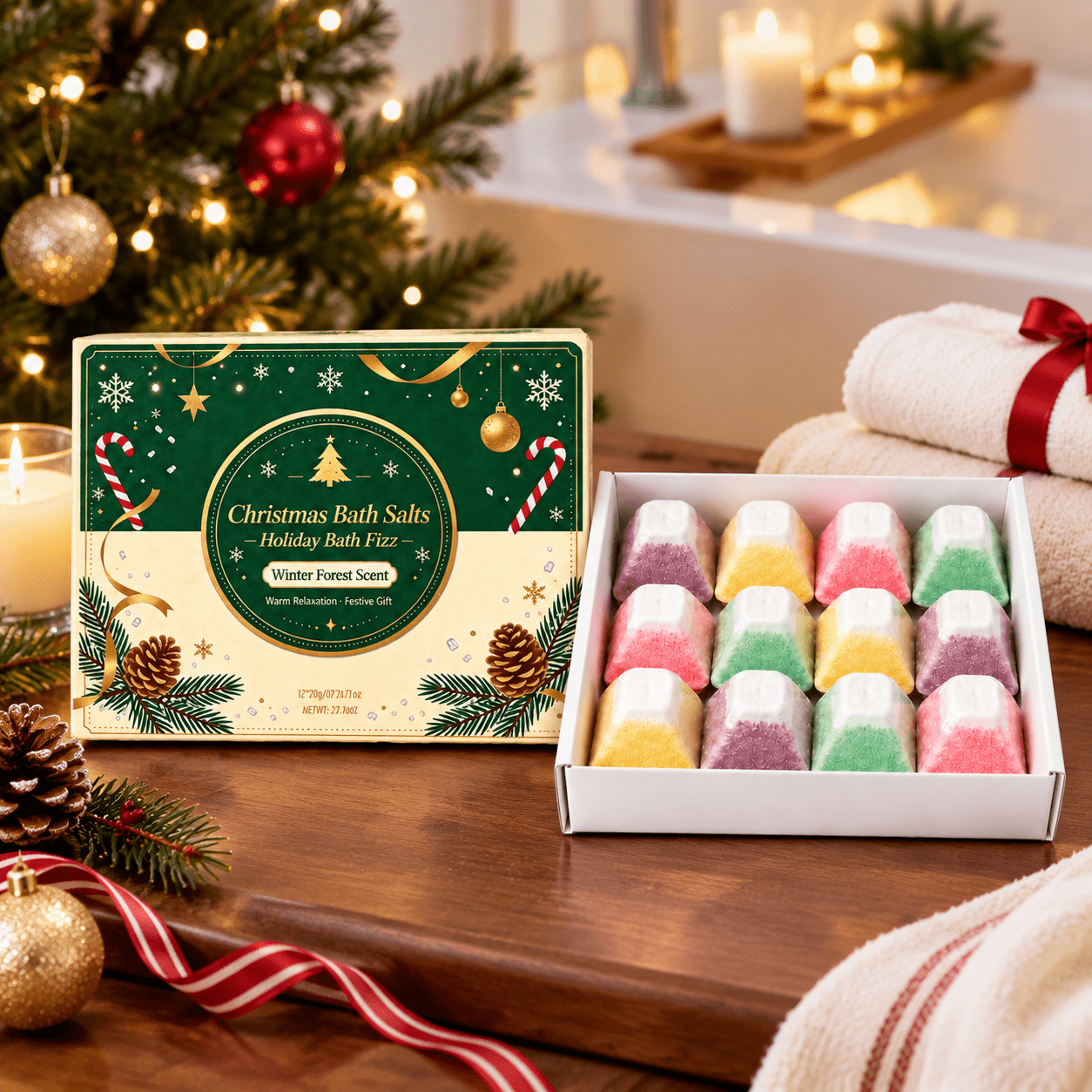 Image of 12pcs Christmas Tree Shaped Bath Salt Cubes Gift Set, Scent, Relax Moisturizing Skin, Xmas Holiday Present